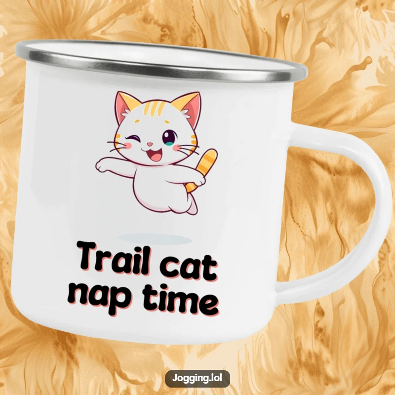 Funny cat camping mug showing a cheerful character running with a graceful, flowing motion, built for outdoor fun and humorous moments.
