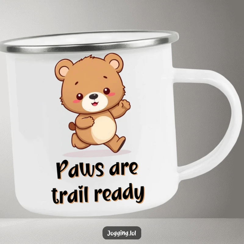 Funny camping mug featuring a curious bear cub character jogging tentatively, looking at its paws, ready for outdoor humor.