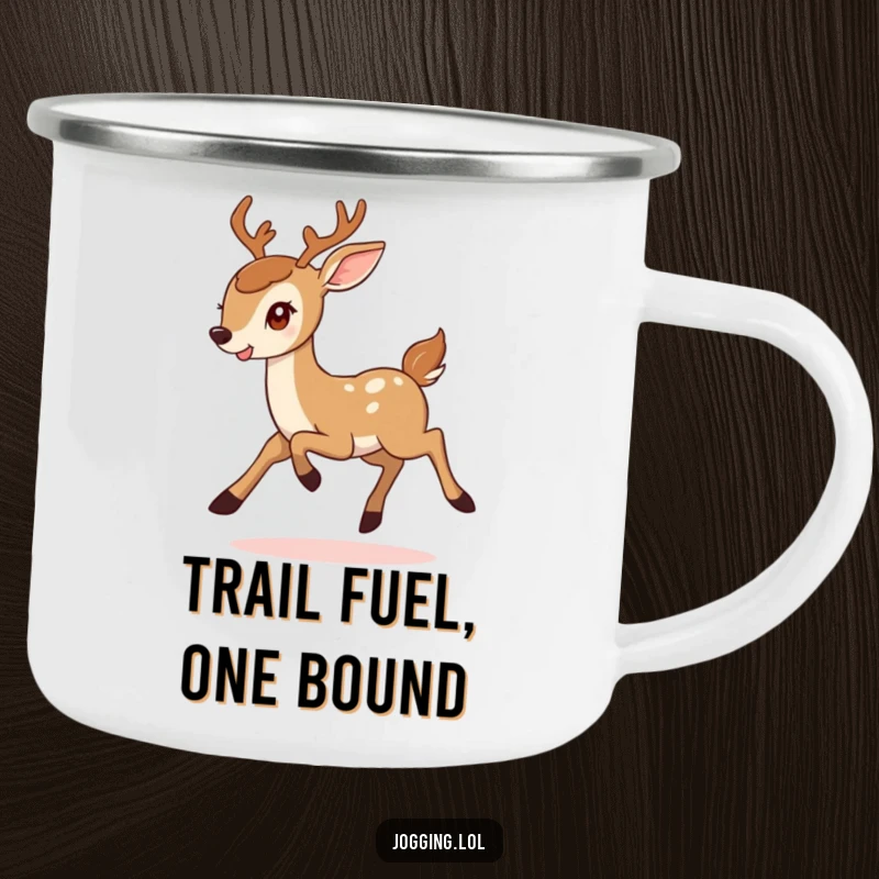 Funny camping mug showcasing a smiling deer bounding with determination, perfect for enjoying beverages outdoors with a humorous, adventurous spirit.