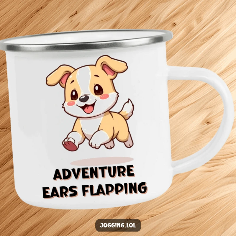 Funny Camping Mug featuring a playful dog character running with its ears happily flopping, ready for outdoor escapades.