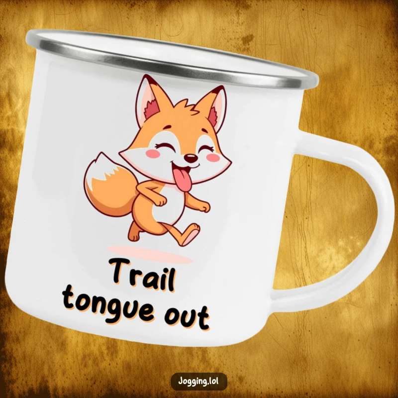 Funny Camping Mug featuring a cheerful fox character jogging with its tongue playfully out, ready for outdoor fun.