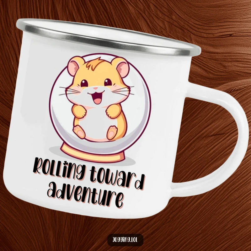Funny camping mug featuring a playful hamster character rolling in a hamster ball, perfect for enjoying drinks outdoors with a cute design.