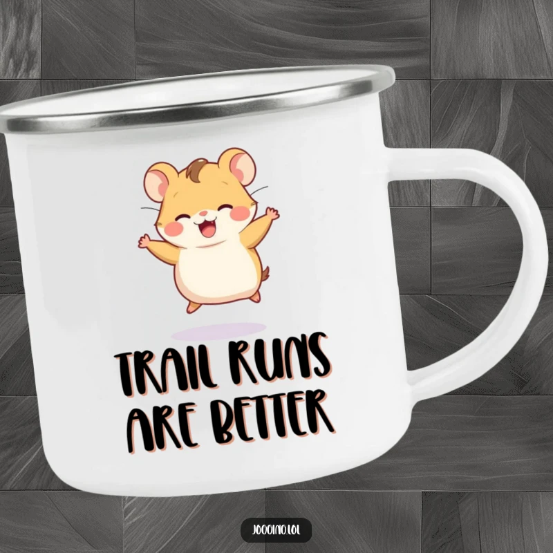 Funny camping mug featuring a joyful hamster character running on an invisible wheel, ready for outdoor energy.