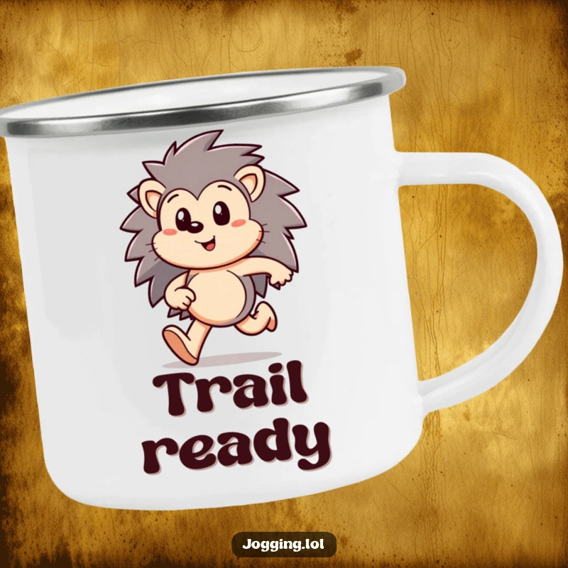 Funny hedgehog camping mug featuring a happy character running with focus, perfect for outdoor drinks and mindful journeys, a rugged funny gift.