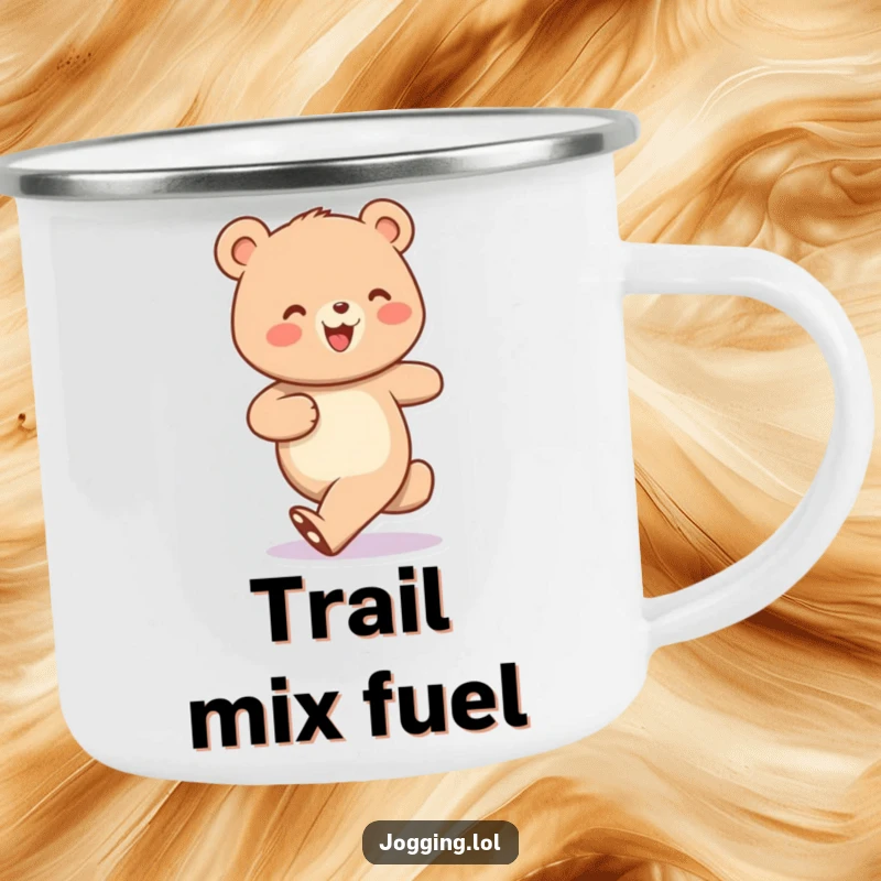Funny camping mug featuring a cheerful bear character jogging with energetic, bobbing steps, perfect for outdoor humor.