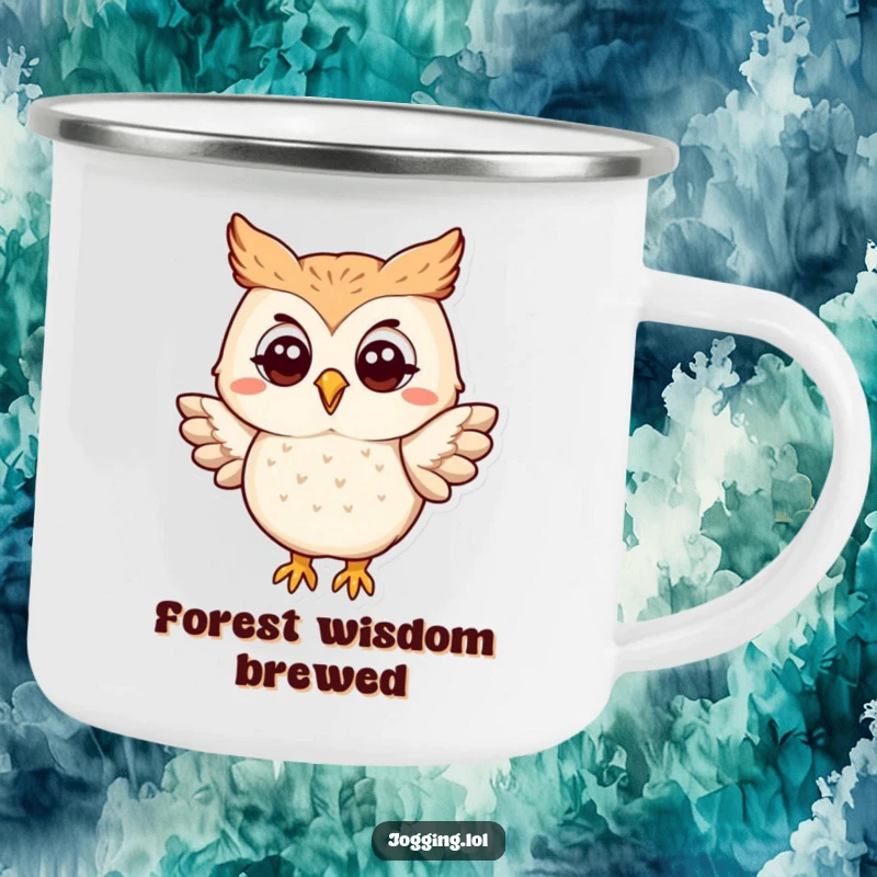 Funny owl camping mug showing a happy character slightly flapping its wings, built for outdoor fun and humorous moments of contemplation.