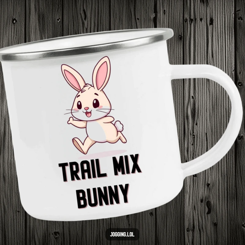 Funny camping mug featuring a cheerful rabbit with determined legs, jogging along, ready for any trail.
