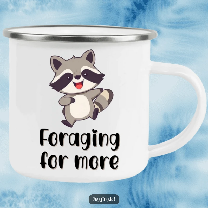 Funny camping mug showcasing a joyful raccoon with legs churning quickly, perfect for enjoying drinks outdoors with a humorous and high-energy spirit.