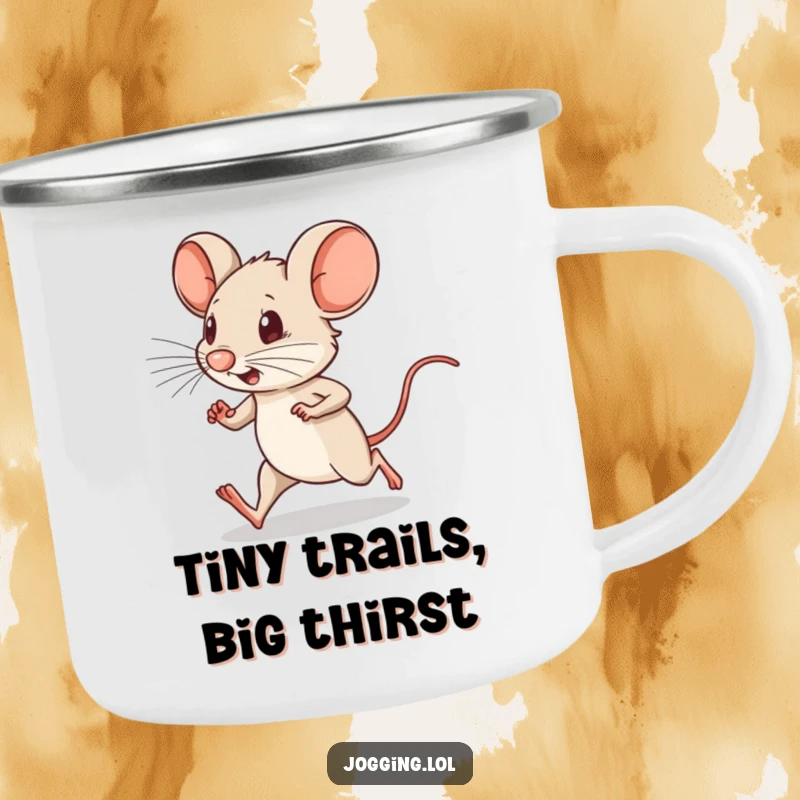 Funny camping mug featuring a determined little mouse character running with tiny legs pumping, perfect for outdoor enthusiasts.