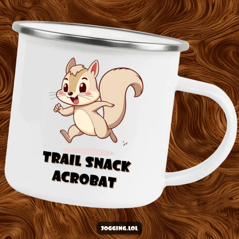 Funny camping mug featuring a playful squirrel character bounding with exertion, perfect for enjoying drinks during outdoor activities.