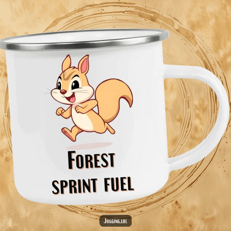 Funny squirrel camping mug featuring a joyful squirrel character sprinting with humorous determination, inspiring energy on any journey.