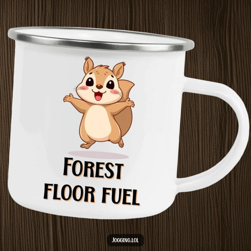 Funny squirrel camping mug depicting a cheerful squirrel bouncing rhythmically with blurred legs, ready for any trail with humorous vitality.
