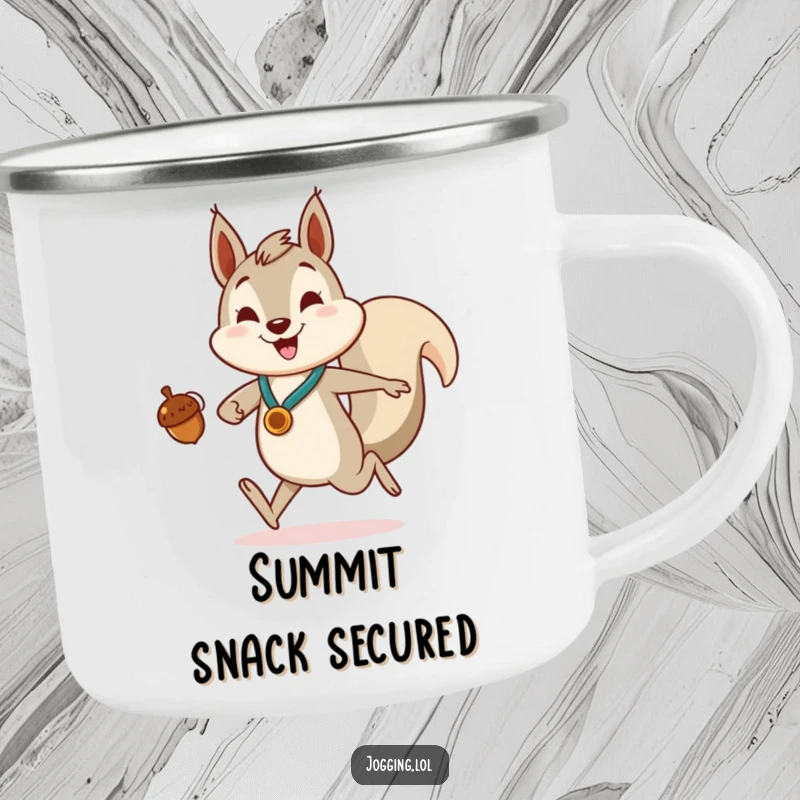 Funny Camping Mug showing an enthusiastic squirrel jogger carrying an acorn like a medal, ready for outdoor escapades.