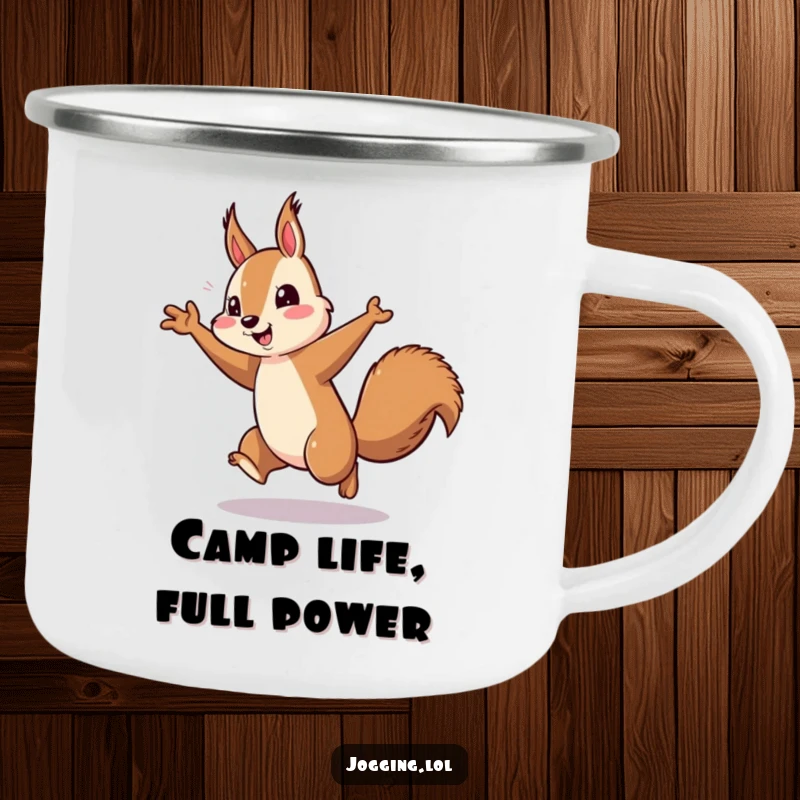 Funny squirrel running camping mug, energetic arm pumping, playful rodent, outdoor adventure, durable mug, perfect funny gift
