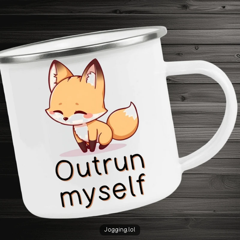 Funny fox camping mug with a winking character playfully chasing its shadow, perfect for outdoor humor and a lighthearted start.