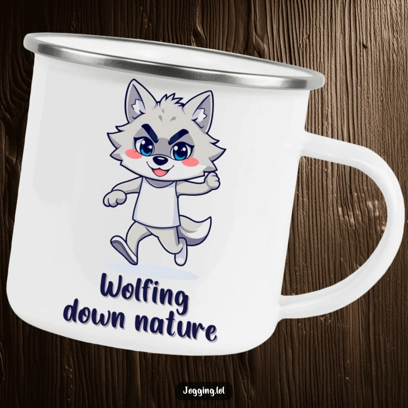 Funny wolf jogger with a confident smile on a camping mug, perfect for humorous enjoyment of beverages during outdoor adventures.