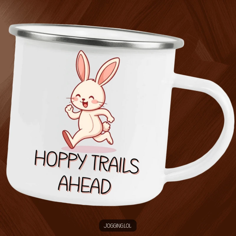 Funny camping mug featuring a joyful bunny character doing a happy hop mid-jog, perfect for outdoor fun.