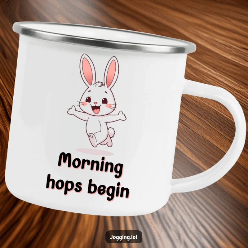 Funny rabbit camping mug showing a cheerful character jogging with a wide, excited grin, ready for outdoor fun, a durable and humorous gift.