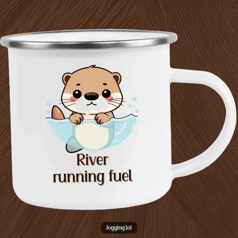 Funny camping mug featuring a determined otter character swimming with rhythmic strokes, perfect for enjoying beverages outdoors with a motivational design.