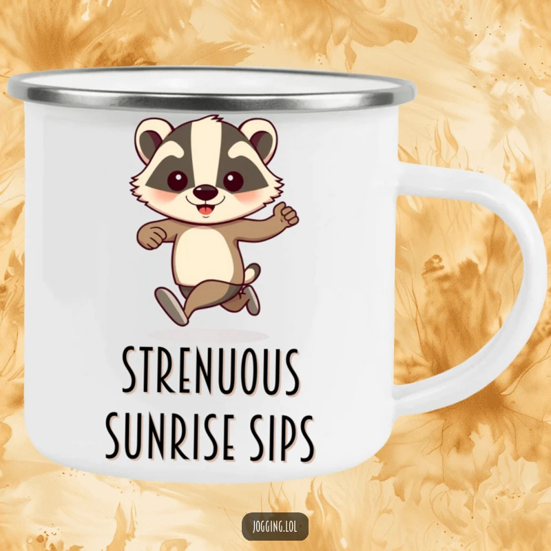 Funny badger jogger with pumping arms on a camping mug, celebrating energetic outdoor activities with a humorous touch for adventurers.