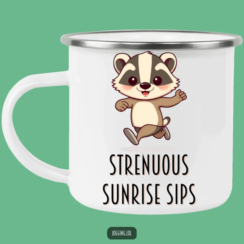 Funny Badger Jogger Camping Mug: Pumping Arms for Hilarious Outdoors!