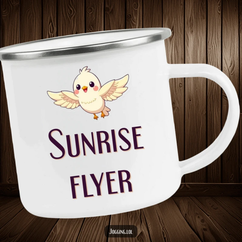 Funny bird camping mug featuring a happy bird character soaring with outstretched wings, inspiring freedom on any journey.