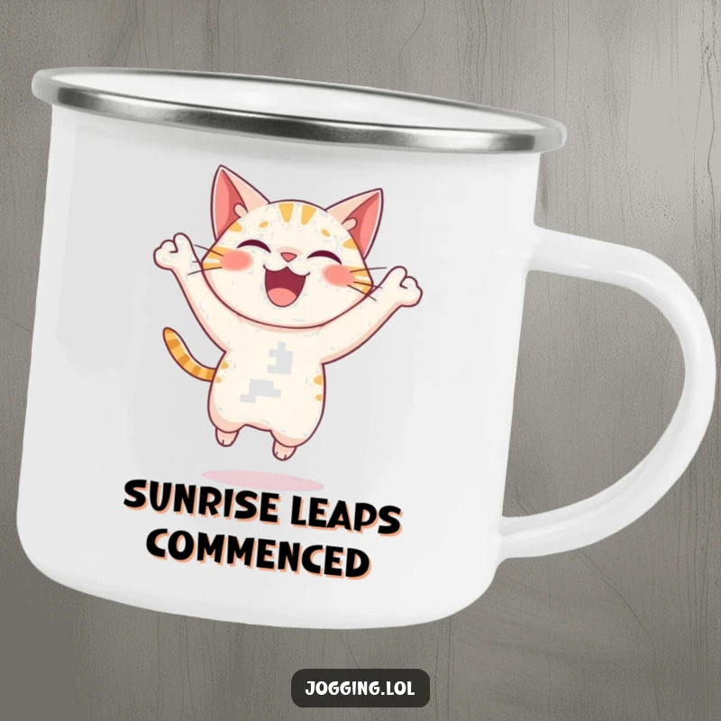 Funny cat camping mug showing a delighted character leaping with joy, ready for outdoor adventures, a durable and humorous gift.