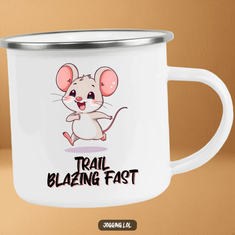 Funny camping mug featuring a joyful mouse character happily speeding along with tiny legs, perfect for enjoying drinks outdoors with a cute design.