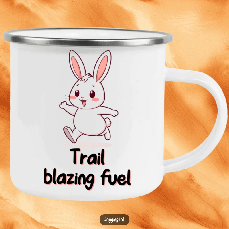 Funny camping mug featuring a cheerful rabbit character with energetic strides, ready for adventure and hot drinks outdoors.