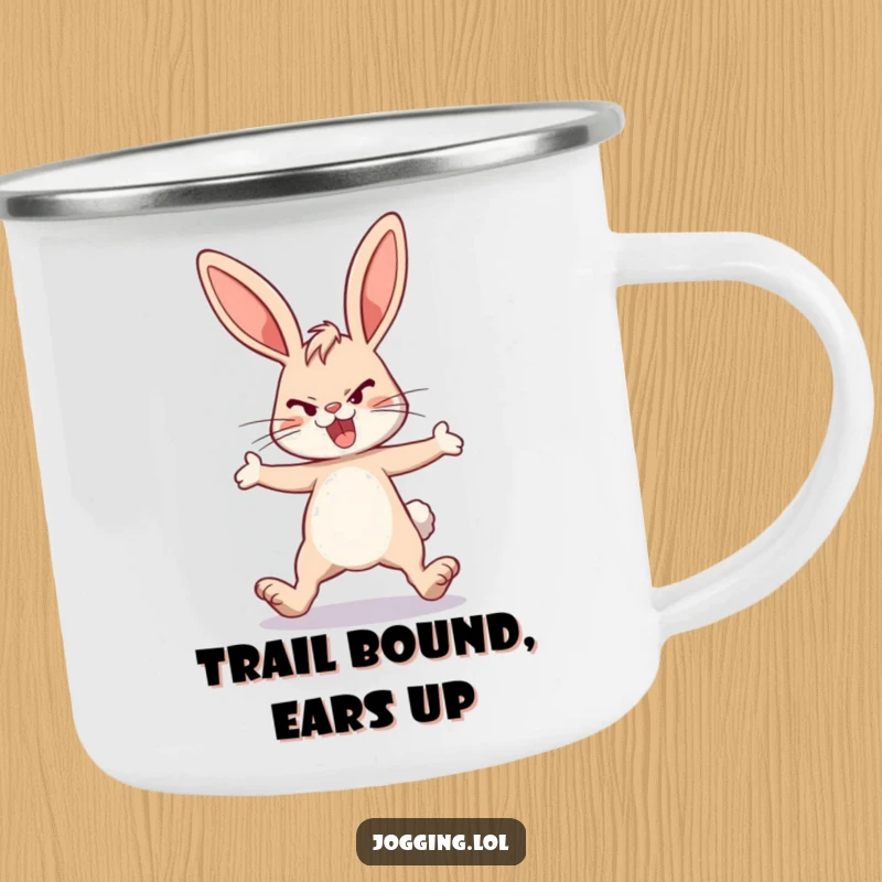 Funny energetic bunny camping mug, determined rabbit, legs extended, outdoor adventure, durable mug, perfect funny gift