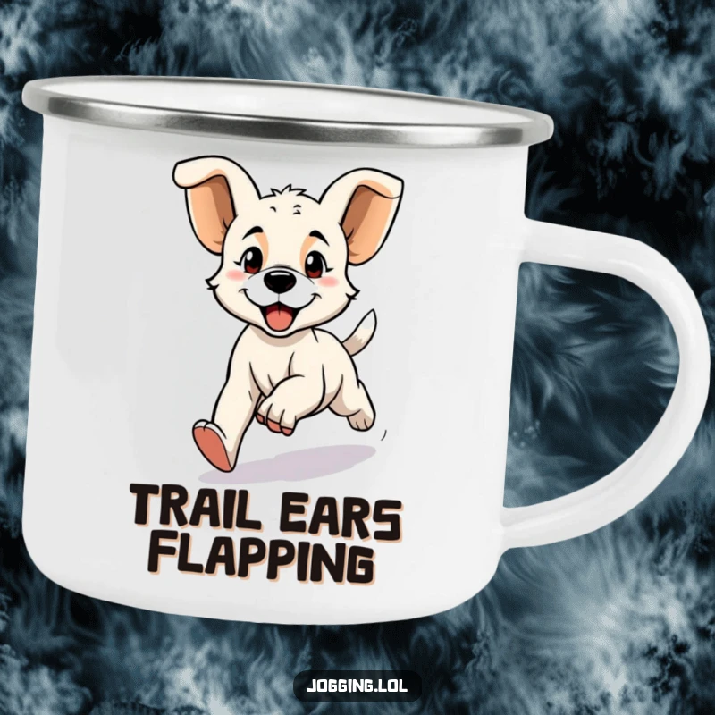 Funny camping mug with a determined puppy character jogging with floppy ears, durable and humorous for outdoor enthusiasts, a great funny gift.