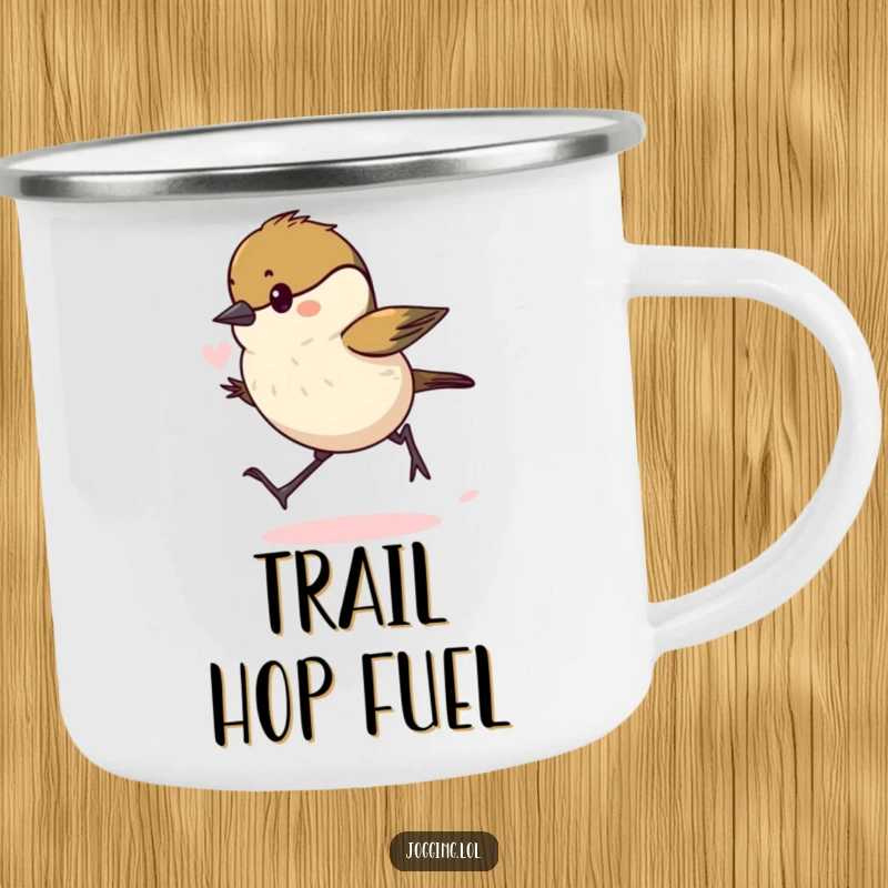 Funny chickadee camping mug depicting a determined bird hopping forward with puffed lungs, ready for any trail with humorous enthusiasm.