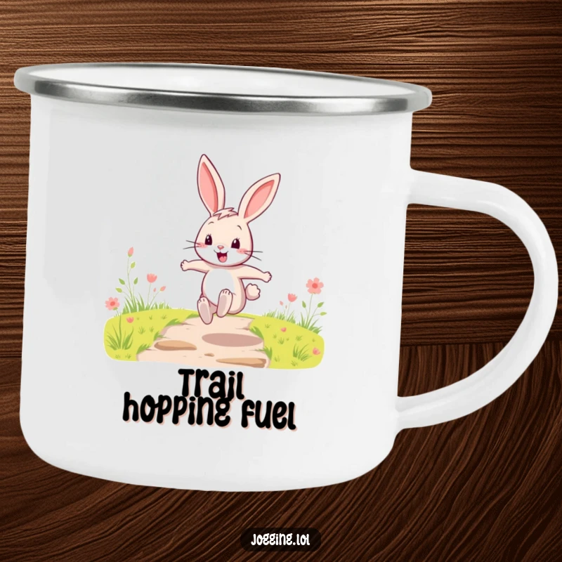 Funny Camping Mug featuring a happy cartoon rabbit character bounding energetically on an outdoor trail, ready for adventure.