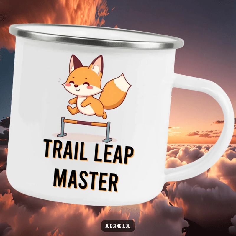 Funny fox camping mug featuring a playful character leaping, perfect for outdoor drinks and spreading joy, a rugged funny gift.