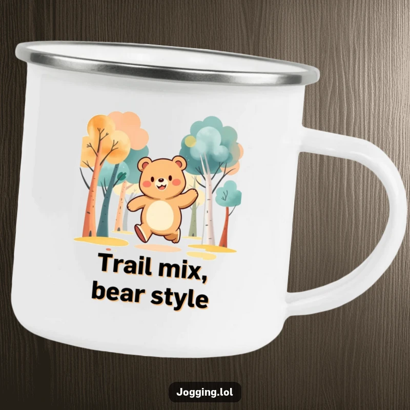 Funny camping mug with a jubilant bear character jogging through abstract trees, ready for campfire stories and morning brews.