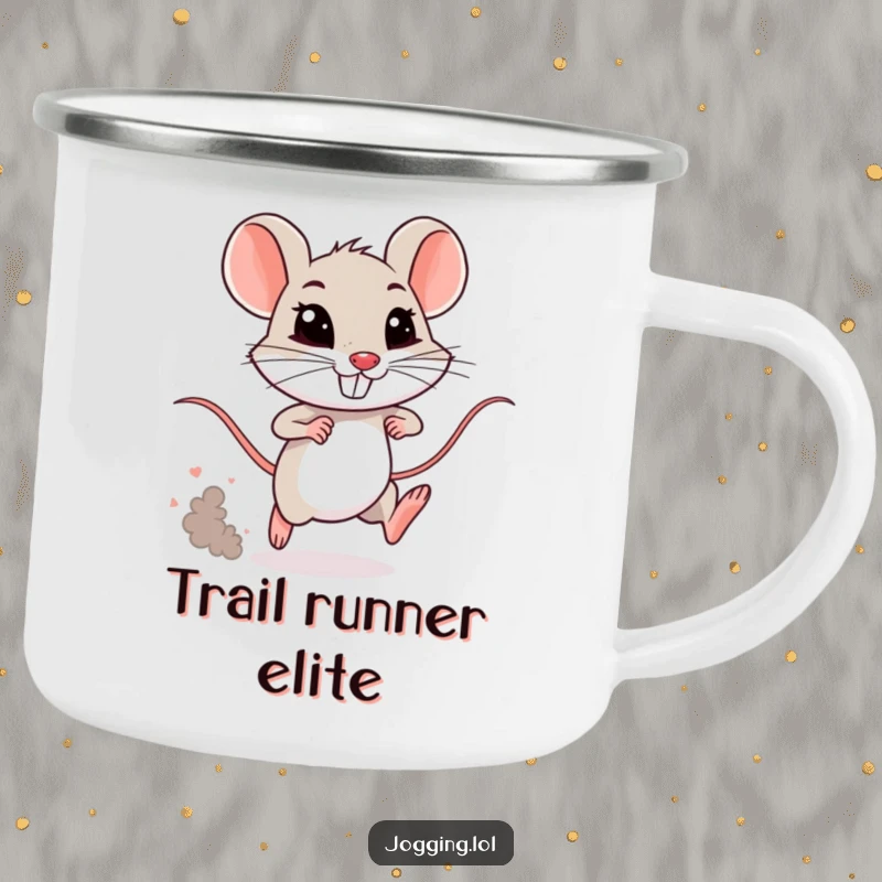 Funny mouse camping mug with a tiny, determined rodent sprinting and kicking up dust. A humorous and durable mug for adventurers.
