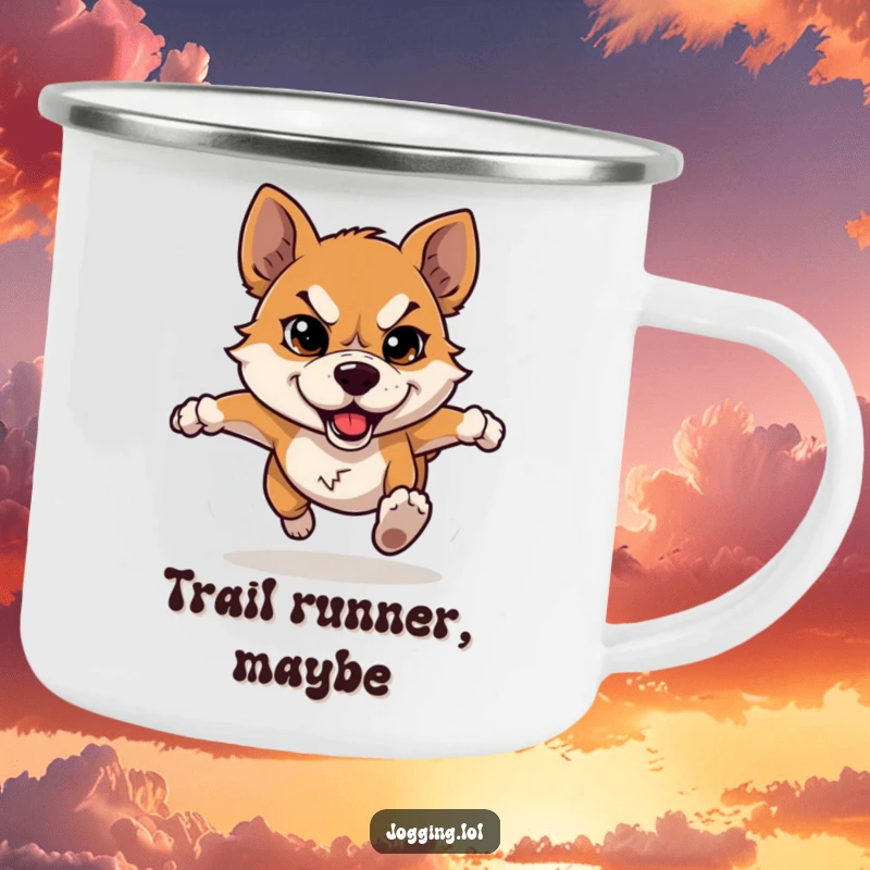 Funny dog camping mug featuring a determined dog character running, inspiring humor and endurance on any outdoor journey.