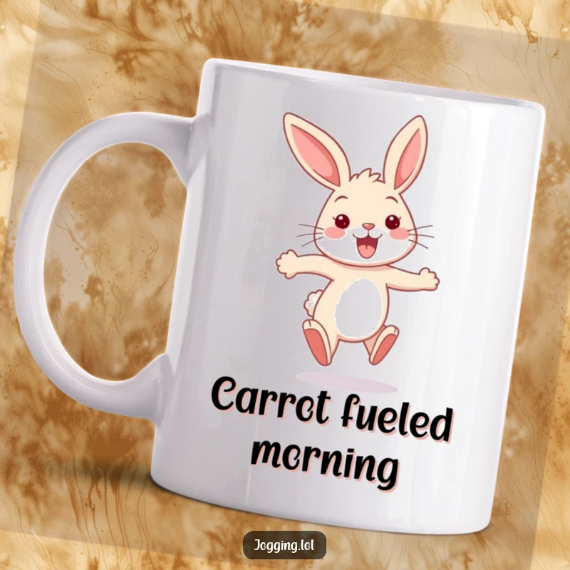Funny bunny mug featuring a joyful rabbit sprinting with ears flapping and a wide smile, radiating pure happiness.