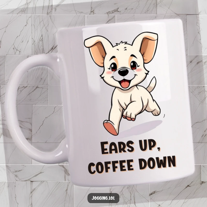 Funny mug showcasing a determined puppy character jogging enthusiastically with large, floppy ears flying, capturing pure canine joy.