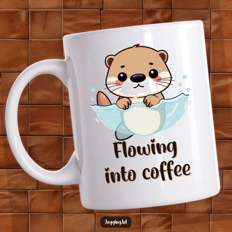 Funny mug showing a determined otter character enthusiastically swimming with rhythmic strokes, embodying focus and aquatic prowess.