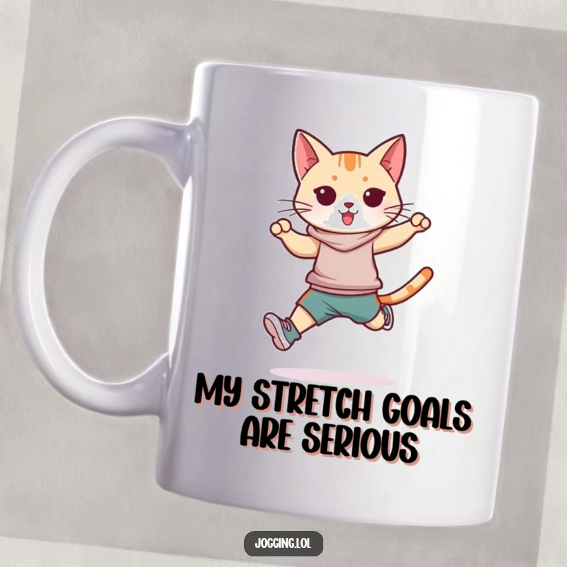 Funny athletic cat jumping mug, sleek feline in sportswear, dynamic stride, energetic pose, fitness lover, cat mom gift
