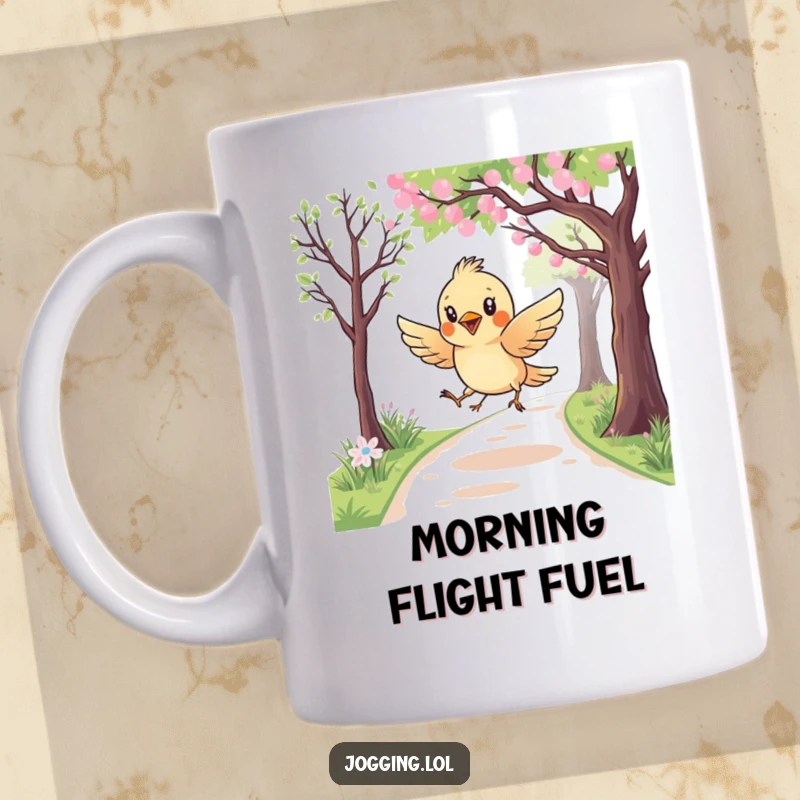 Funny mug showing a curious bird character playfully swooping low over a jogging path, capturing a moment of lighthearted observation.