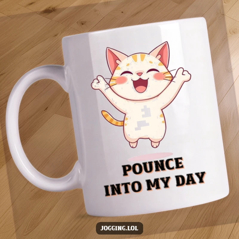 Funny cat mug showing a delighted character leaping forward with exuberant joy and energy, a perfect gift for cat lovers.