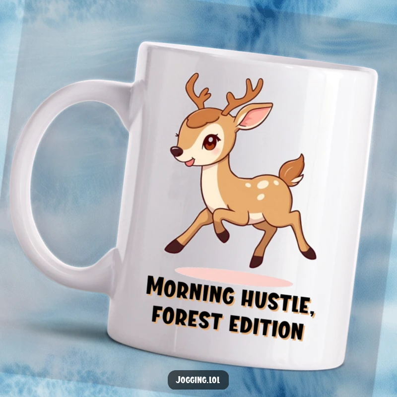 Funny mug featuring a smiling deer energetically bounding with a determined yet lighthearted rhythm, perfect for nature lovers.