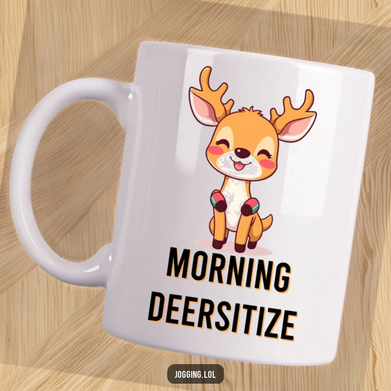 Funny mug showing a happy deer with tiny sweatbands on its wrists, looking completely invigorated and ready to go.
