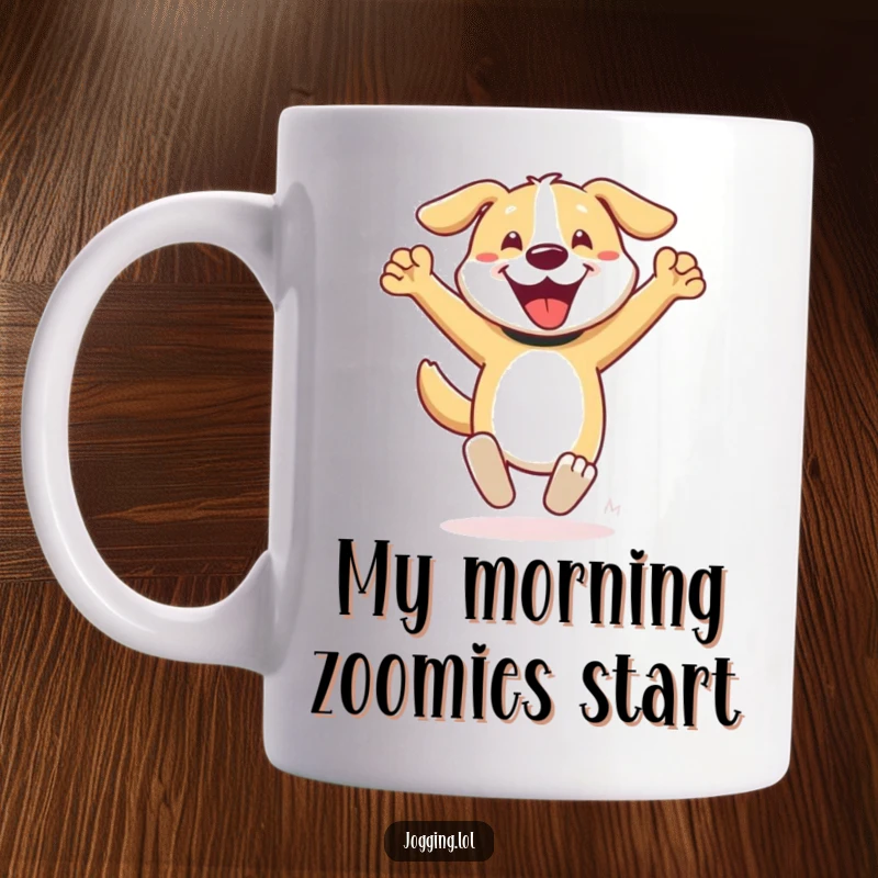 Funny dog mug showing a happy character sprinting with arms pumping, full of excitement and infectious enthusiasm for a great gift.