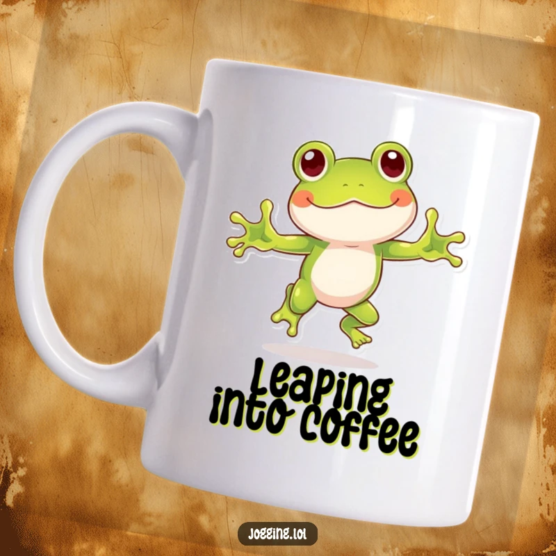 Funny frog mug depicting a playful frog character hopping with great enthusiasm and a comically energetic expression.