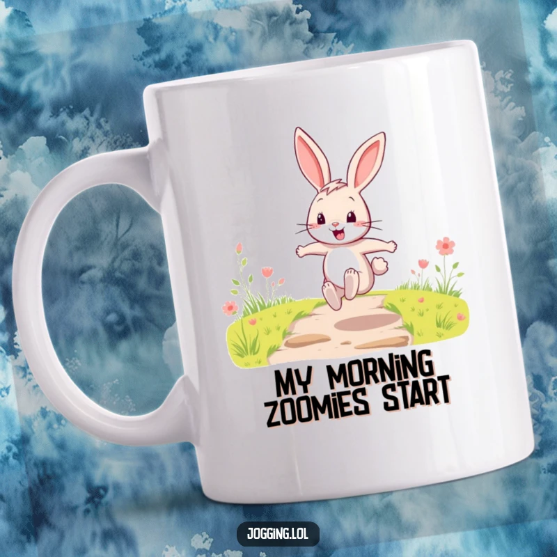 Funny Mug featuring a happy cartoon rabbit character excitedly bounding along a sunlit path with energetic leaps and a huge smile.
