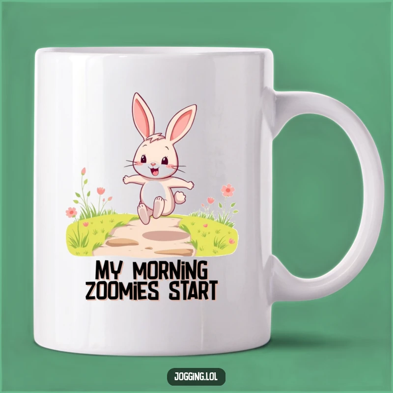 Funny Happy Rabbit Bounding Mug - Energetic Cartoon Character Gift Idea