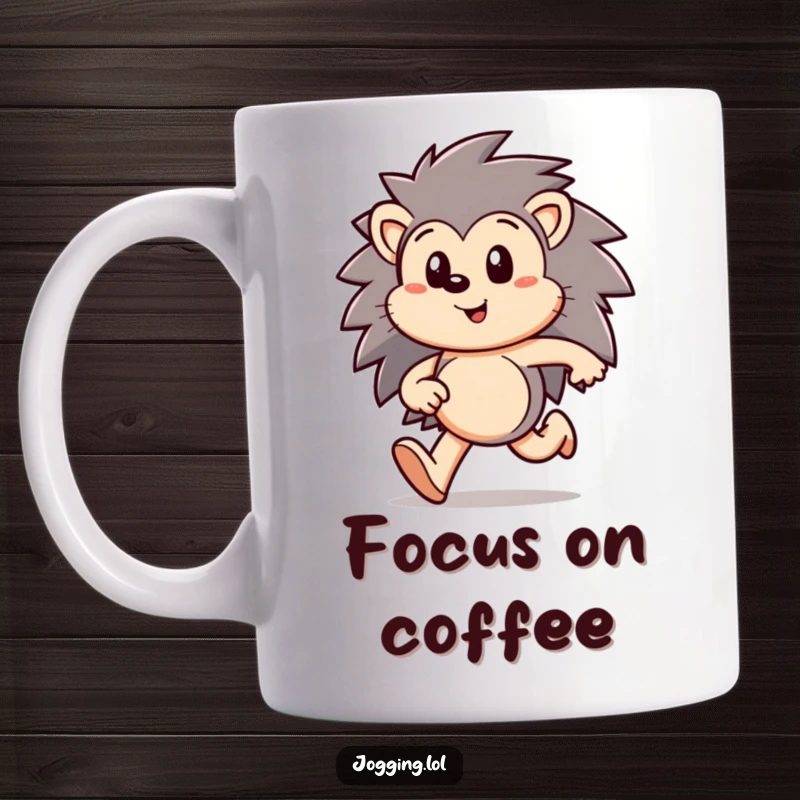 Funny hedgehog mug featuring a happy character running with a focused, determined expression, symbolizing perseverance and speed, an ideal funny gift.